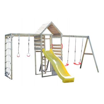 Turn de joaca cu 2 platforme, Wendi Toys, panou de catarare, tobogan, leagan dublu si modul de gimnastica Turn de joaca cu 2 platforme, Wendi Toys, panou de catarare, tobogan, leagan dublu si modul de gimnastica